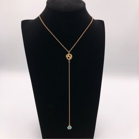 Rebecca Minkoff Open Sphere Gold Y Necklace Lariat Turquoise Pendant Crystal - Picture 3 of 10